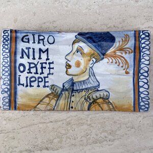 Antique Castelli Tile Majolica Hand-Painted Portrait Italy White Blue Yellow OJ